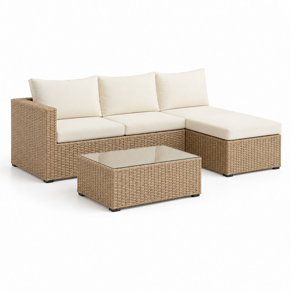 Salon de jardin d'angle 4 places beige en résine tressée PE avec table basse 200 x 140 cm