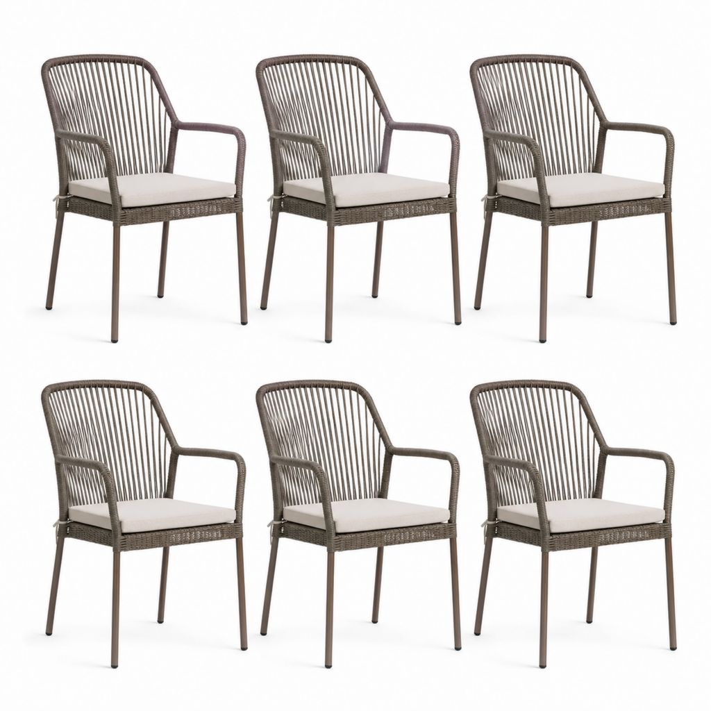 Lot de 6 fauteuils de jardin marron en résine tressée PE et acier avec coussins 58 x 60 x 88 cm