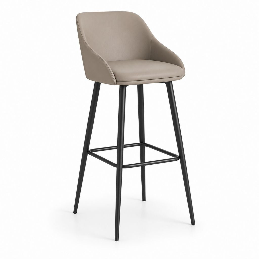 Tabouret de bar taupe en similicuir PU avec piètement en acier noir et dossier incurvé 55 x 57 x 101 cm