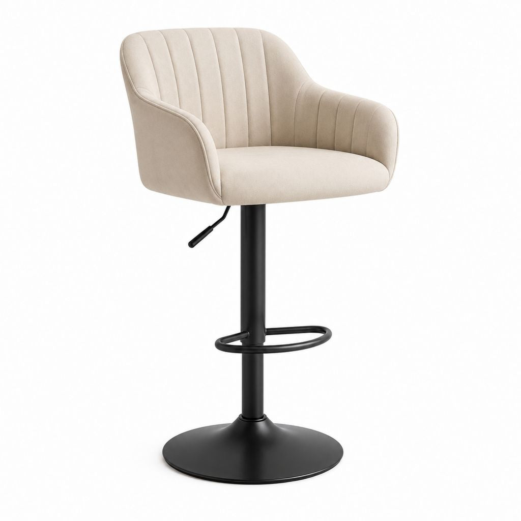 Tabouret de bar pivotant réglable beige en velours polyester avec accoudoirs 52 x 55 x 92-113 cm