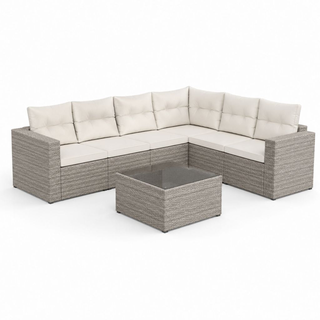 Salon de jardin d'angle 6 places gris en résine tressée PE avec coussins crème et table basse 220 x 220 cm