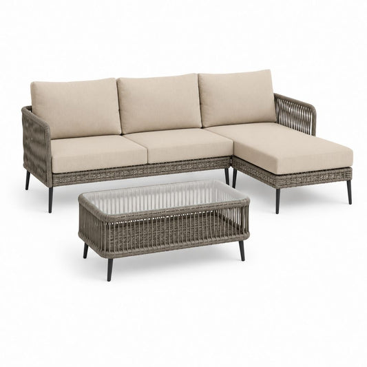 Salon de jardin d'angle 3 places avec table basse gris taupe en rotin PE et aluminium 216 x 145 x 78 cm