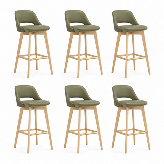 Lot de 6 tabourets de bar vert olive en similicuir PU avec pieds en hêtre massif 48 x 52 x 97 cm