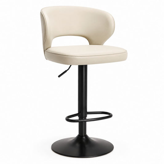 Tabouret de bar réglable pivotant beige en polyuréthane avec base ronde noire 87-109 cm