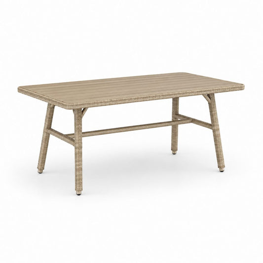 Table de jardin rectangulaire beige en résine tressée PE et polywood 150 x 90 x 74 cm