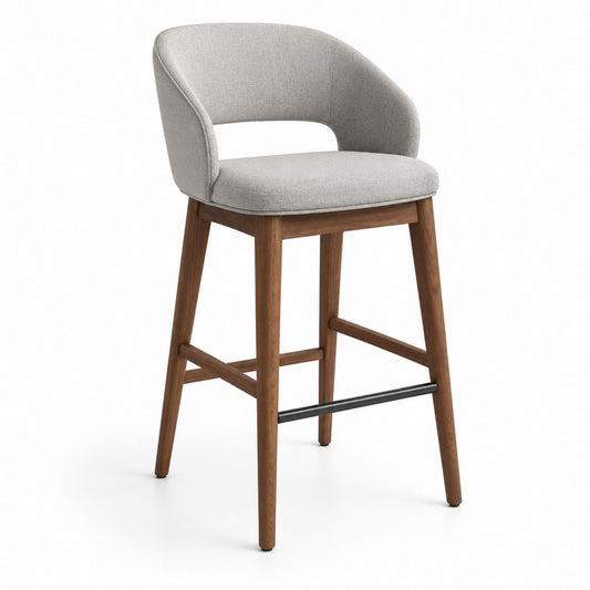 Tabouret de bar avec accoudoirs gris en polyester et bois massif forme arrondie 55 x 56 x 104 cm