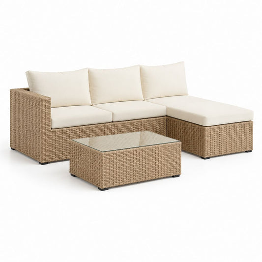 Salon de jardin d'angle 4 places beige en résine tressée PE avec table basse 200 x 140 cm