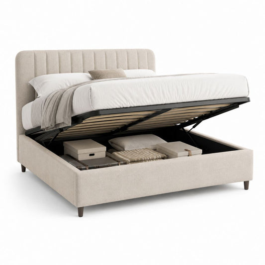 Lit coffre double beige en polyester 160 x 200 cm avec sommier relevable