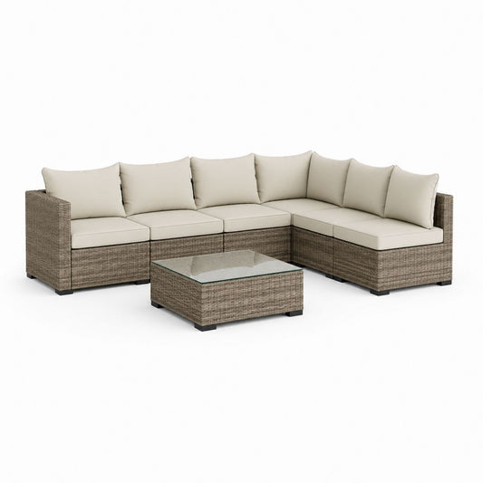 Salon de jardin d'angle 5 places en résine tressée gris taupe avec coussins beige et table basse en verre trempé 250 x 190 x 65 cm