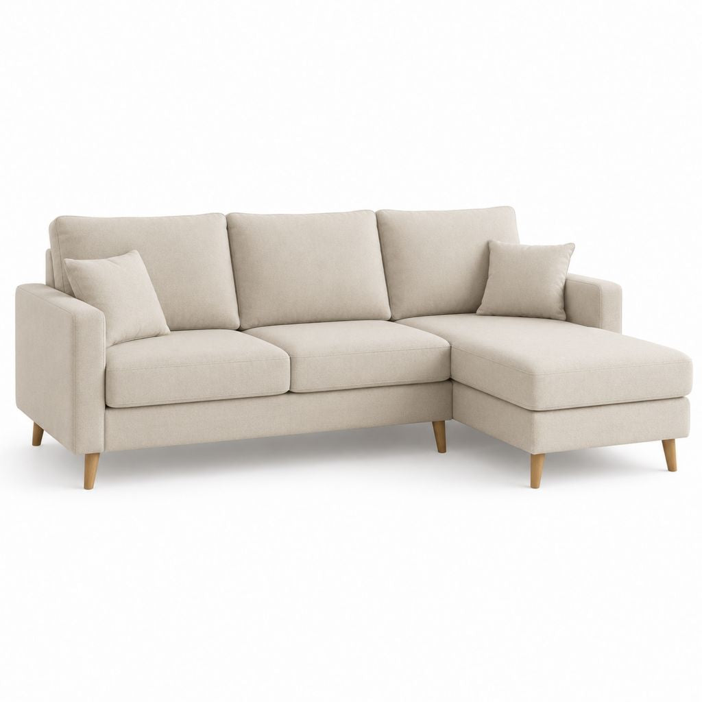 Canapé d'angle droit 3 places beige en polyester avec méridienne 220 x 145 x 85 cm