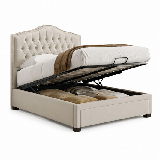 Lit coffre 160 x 200 cm beige en polyester avec tête de lit capitonnée