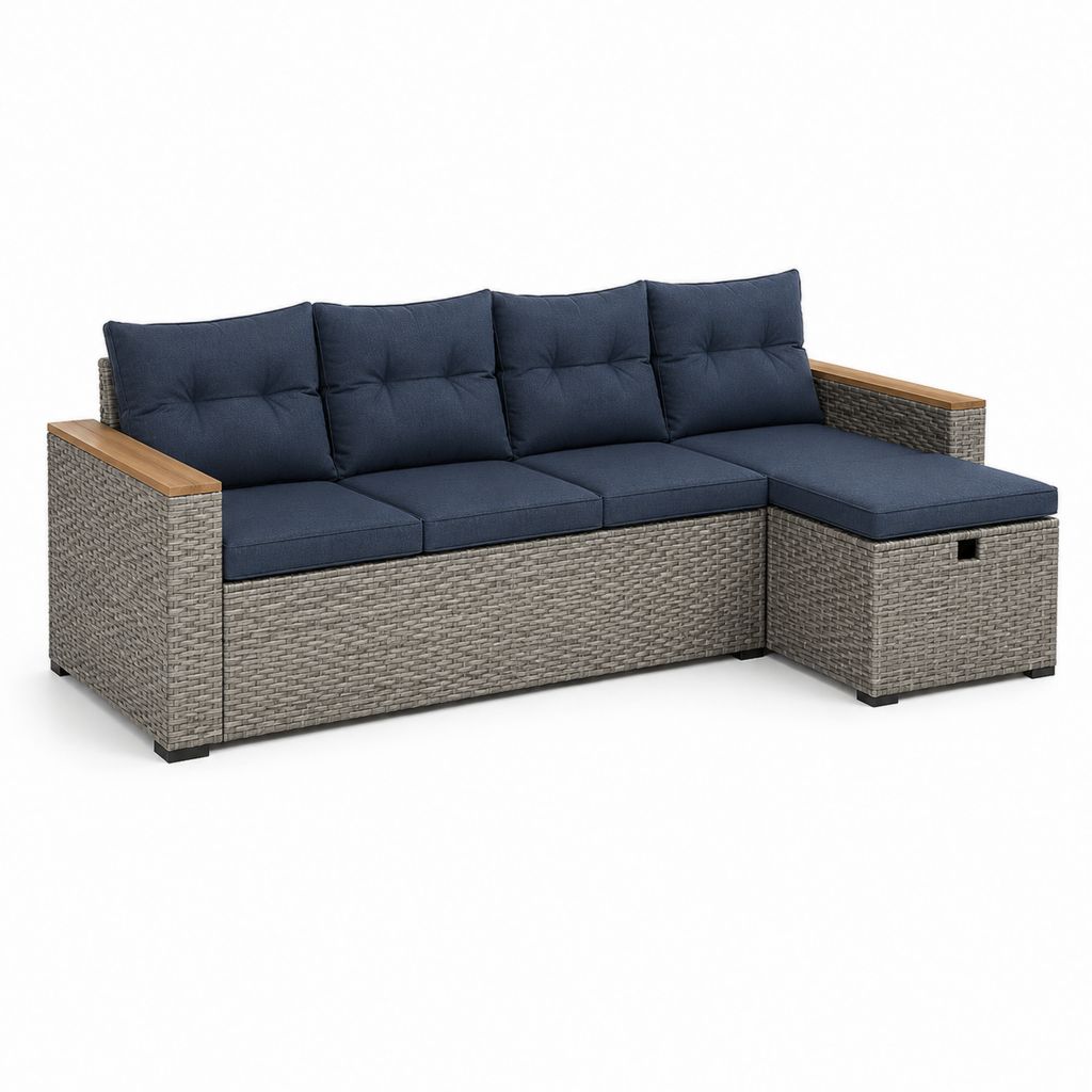 Canapé de jardin d'angle 3 places gris et bleu marine en résine tressée PE 220 x 145 x 65 cm