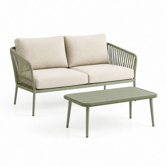 Salon de jardin 2 places vert olive en aluminium et corde PE avec coussins beige 128 x 72 x 78 cm et table basse 100 x 60 x 42 cm