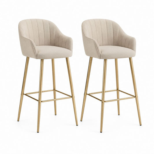 Lot de 2 tabourets de bar beige et doré en polyester et acier à dossier arrondi 50 x 53 x 104 cm
