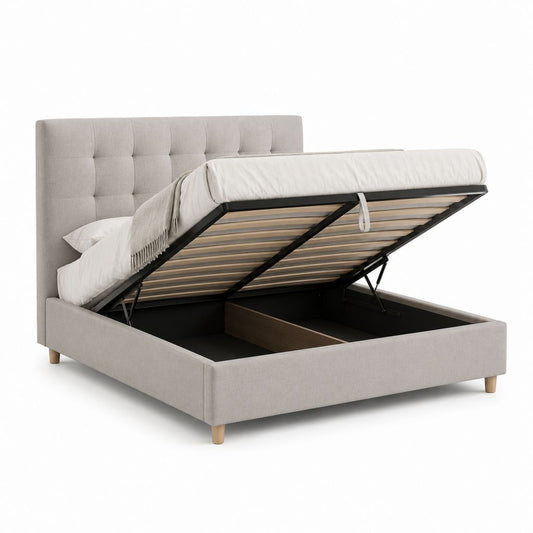 Lit coffre 160 x 200 cm gris clair en polyester avec sommier à lattes et tête de lit capitonnée