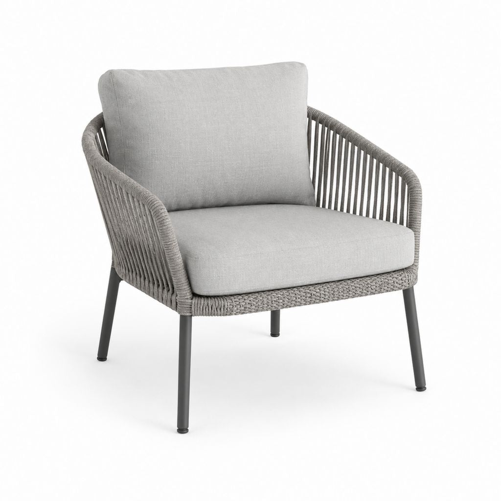 Fauteuil de jardin gris en acier et corde PP avec coussins 78 x 72 x 75 cm