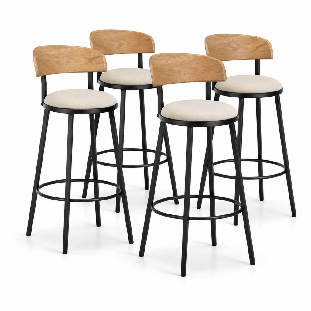 Lot de 4 tabourets de bar avec dossier beige et chêne en acier et contreplaqué 47 x 52 x 95 cm
