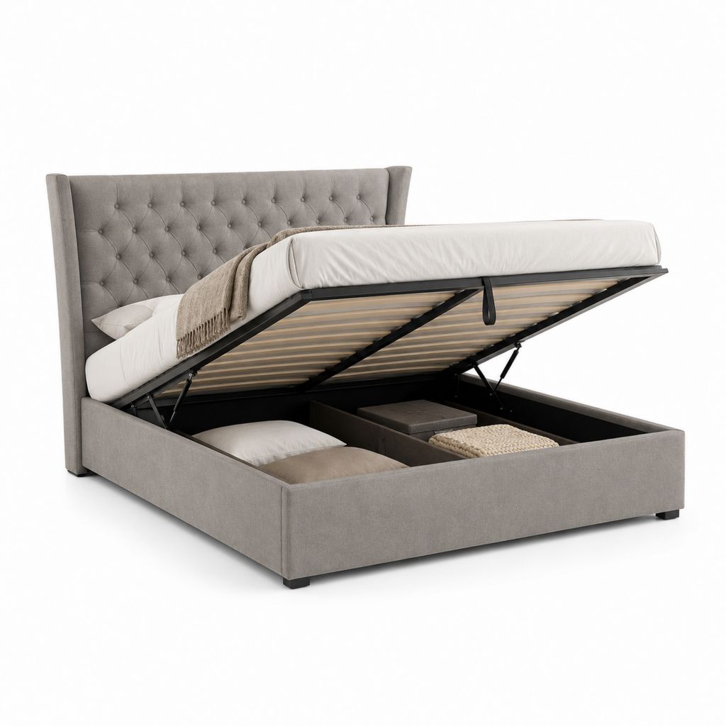 Lit coffre 160 x 200 cm gris en velours polyester avec tête de lit capitonnée
