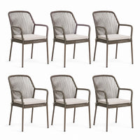 Lot de 6 fauteuils de jardin marron en résine tressée PE et acier avec coussins 58 x 60 x 88 cm