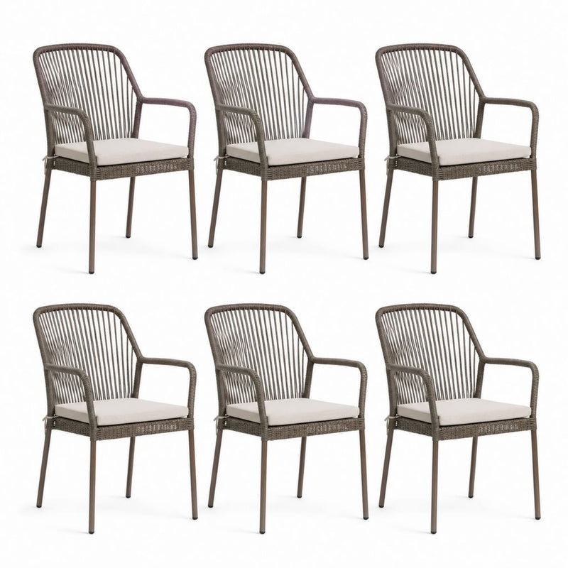 Lot de 6 fauteuils de jardin marron en résine tressée PE et acier avec coussins 58 x 60 x 88 cm