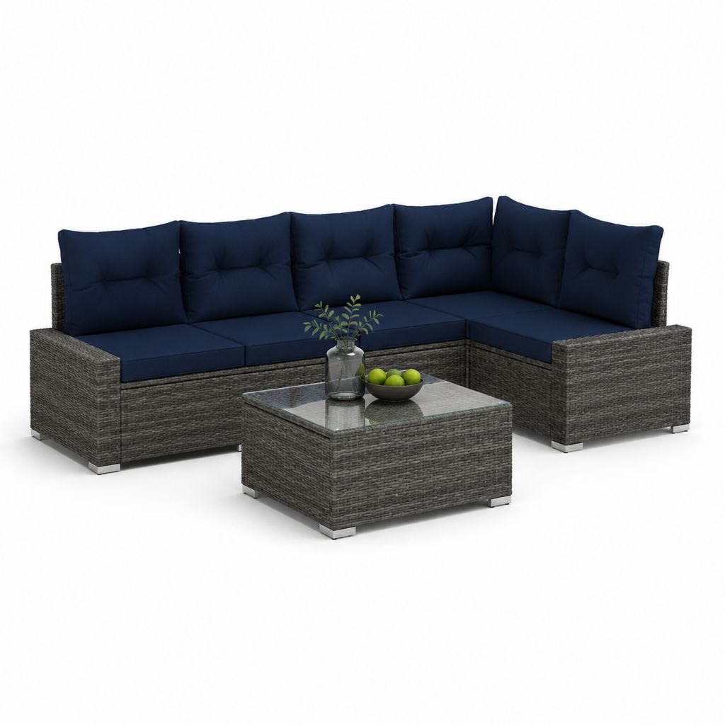 Salon de jardin d'angle 4 places gris anthracite en rotin PE avec coussins bleu marine et table basse 220 x 220 x 65 cm