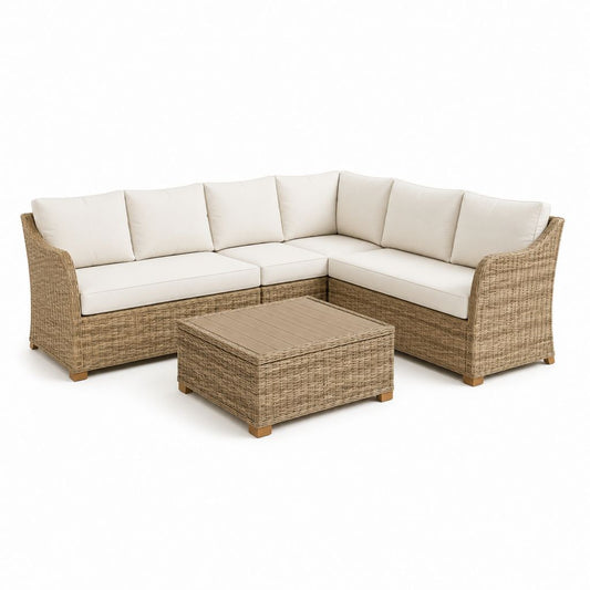 Canapé de jardin d'angle 5 places avec table basse beige en résine tressée PE 230 x 230 x 85 cm