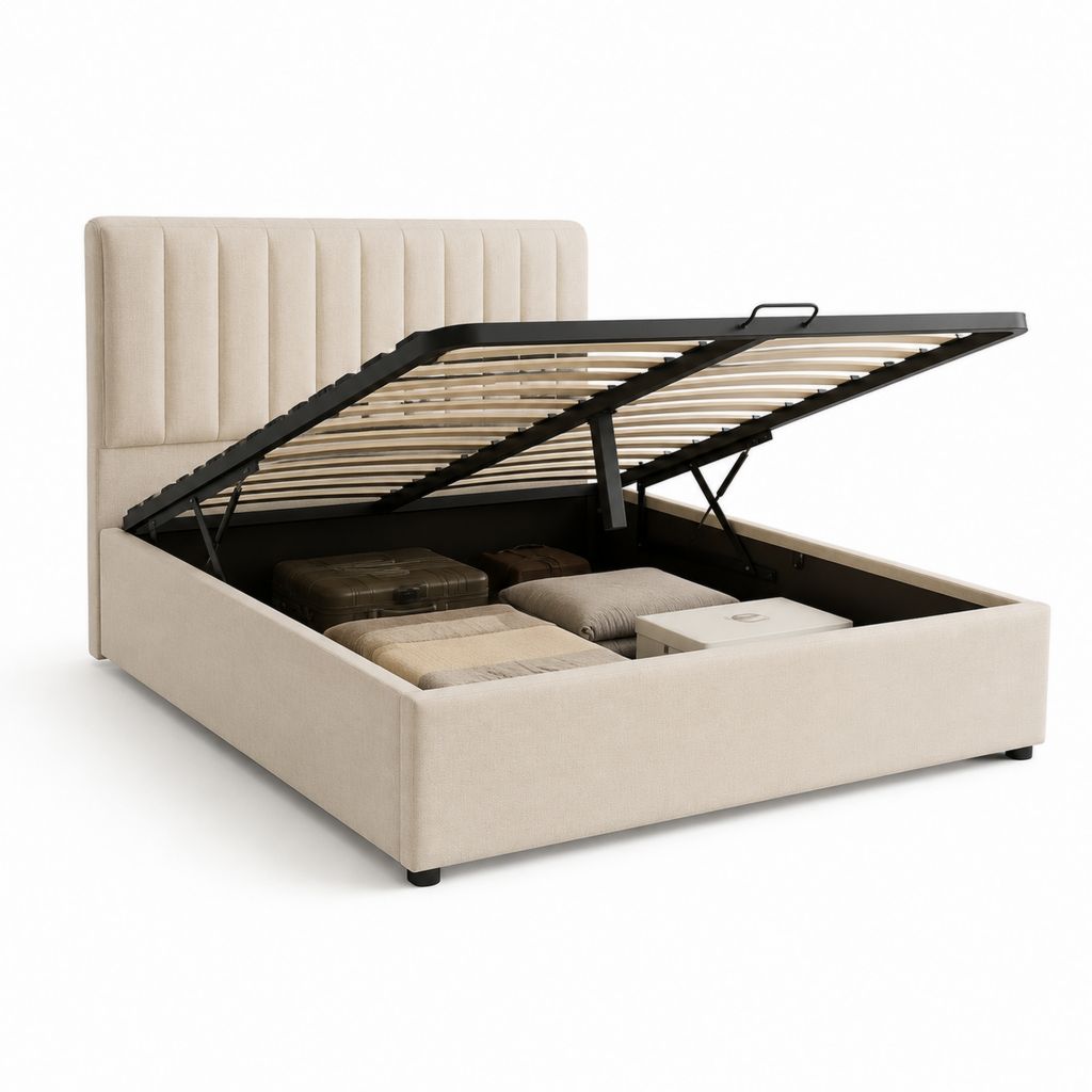 Lit coffre rectangulaire 160 x 200 cm beige en polyester avec tête de lit capitonnée