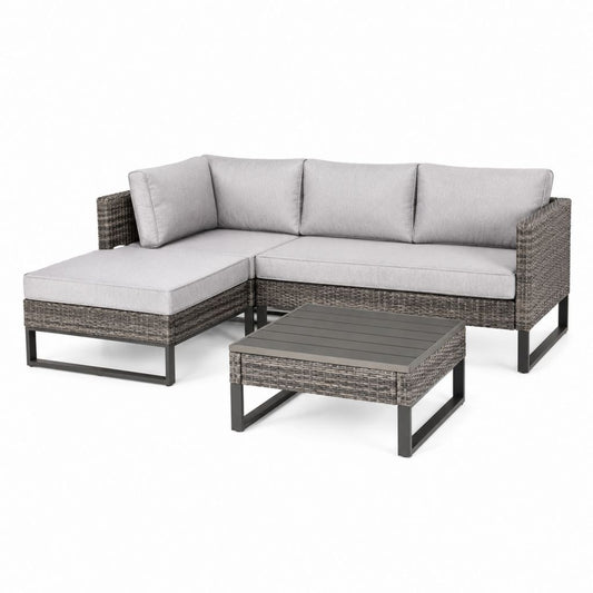 Salon de jardin d'angle 3 pièces gris en résine tressée PE avec coussins polyester et table basse 193 x 132 x 73 cm