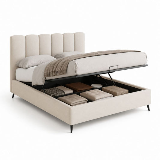 Lit coffre 160 x 200 cm beige en polyester avec tête de lit capitonnée et sommier relevable