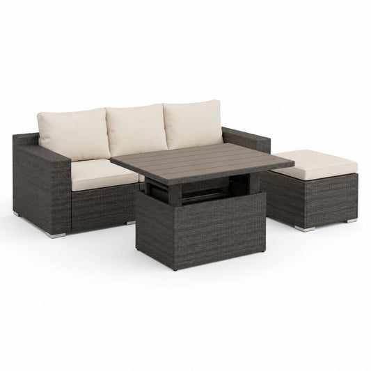 Salon de jardin 3 pièces en résine tressée gris anthracite avec coussins crème canapé 181 x 65 x 66 cm table réglable 100 x 60 cm pouf 60 x 60 cm