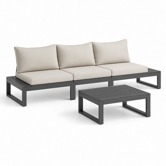 Ensemble canapé de jardin 3 places avec table basse beige et anthracite en aluminium 210 x 75 x 70 cm