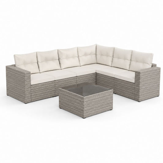 Salon de jardin d'angle 6 places gris en résine tressée PE avec coussins crème et table basse 220 x 220 cm
