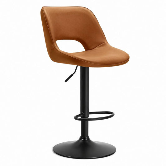 Tabouret de bar réglable pivotant cognac en similicuir PU avec piètement acier noir 92-114 cm